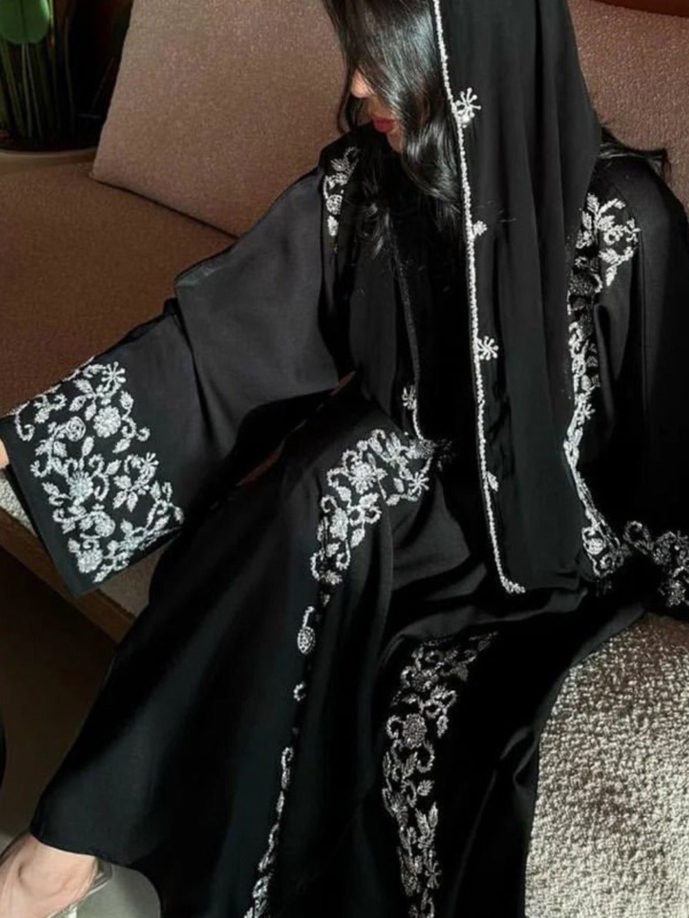 Elegant Black Silver Embellished Abaya Dress